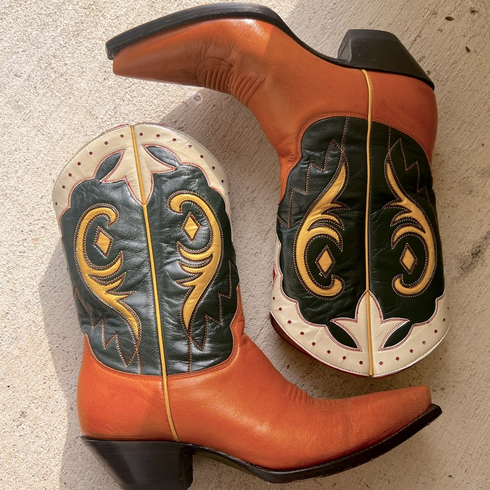 Vintage Larry Mahan snip toe orange and green leather cowboy boots | Rare!!